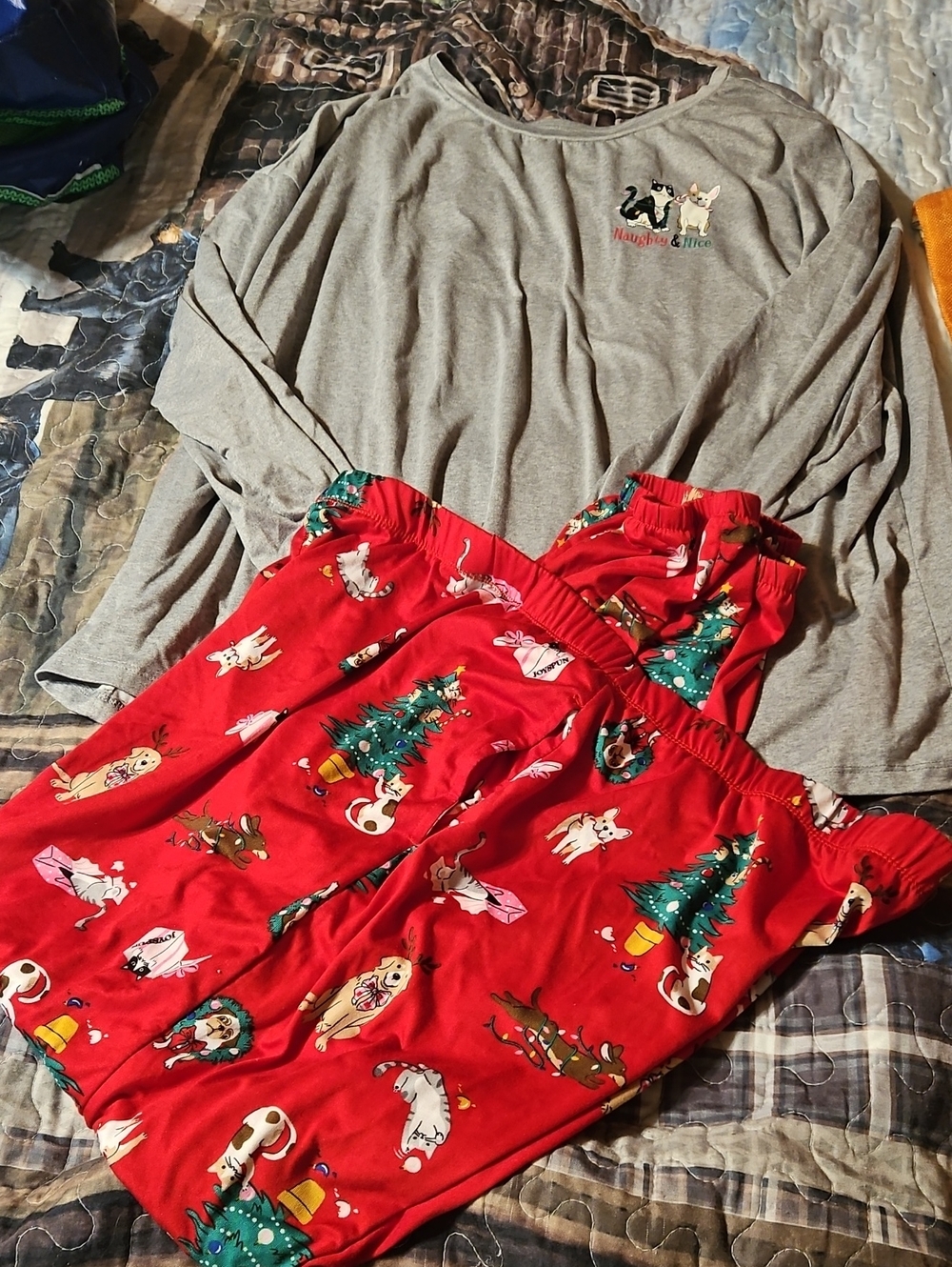 Ladies Holiday Pajama Set - Gray Top & Red Christmas Print Pants